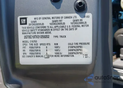 2003 GMC Sierra 1500 Slt z USA, uszkodzony, nr VIN 2GTEC19TX31259202